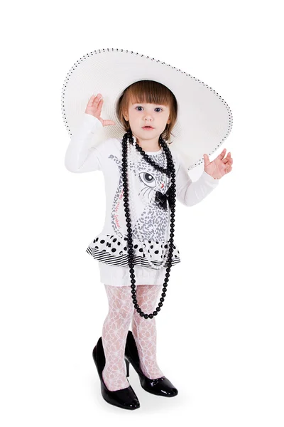 Küçük güzel fashionista. sevimli küçük kız beyaz izole. — Stok fotoğraf
