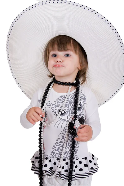 Küçük güzel fashionista. sevimli küçük kız beyaz izole. — Stok fotoğraf