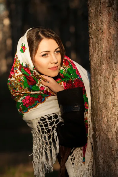 Ryska flickan i nationella headscarve Royaltyfria Stockbilder