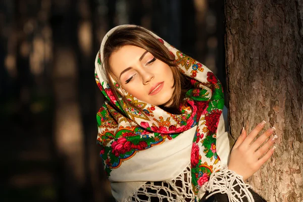 Russisches Mädchen mit nationalem Kopftuch Stockbild