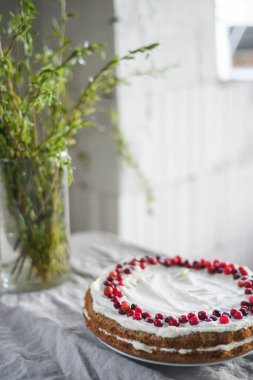 Masanın üzerinde beyaz mascarpone kreması ve kızılcıklarla süslenmiş lezzetli bir havuçlu kek duruyor. Her gün için güzel bir tatlı. Masadaki vazoda yeşiller var. Bahar hala hayat