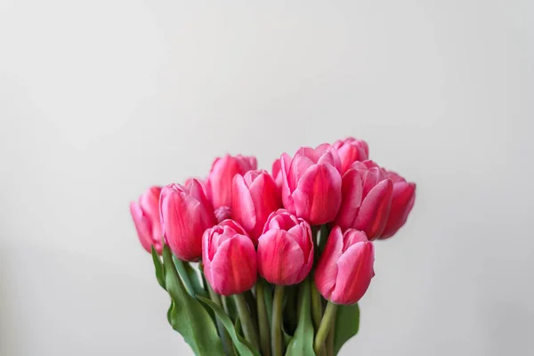 一束粉红色的郁金香在浅色的背景上 假日用的一束精致的花 春天的丰盛 文字空间 高质量的照片 — 图库照片