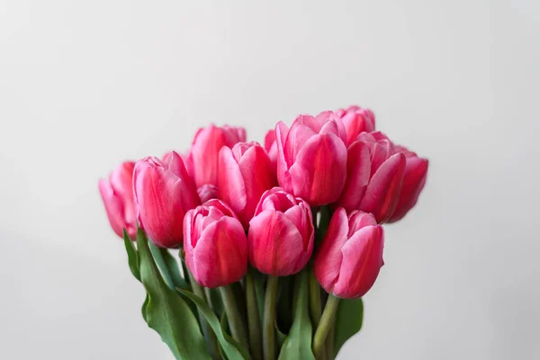 一束粉红色的郁金香在浅色的背景上 假日用的一束精致的花 春天的丰盛 高质量的照片 — 图库照片
