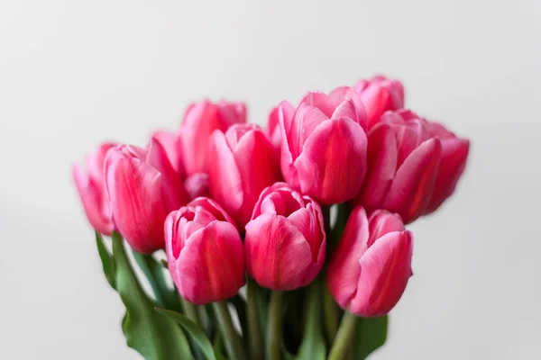 一束粉红色的郁金香在浅色的背景上 假日用的一束精致的花 春天的丰盛 文字空间 高质量的照片 — 图库照片