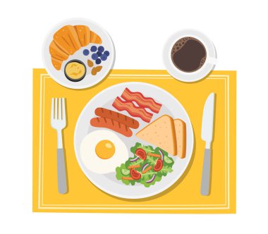 Sabahları taze kruvasan ve kahveyle kahvaltı yapmak. Kahvaltı, hayat için günün ilk öğünüdür. Faydalı yiyecekler. Geleneksel kahvaltı