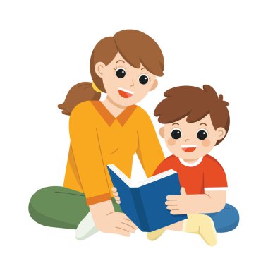 Mutlu anne ve oğlu birlikte kitap okuyor. Anne ve Oğlu yerde oturmuş kitap okuyorlar..