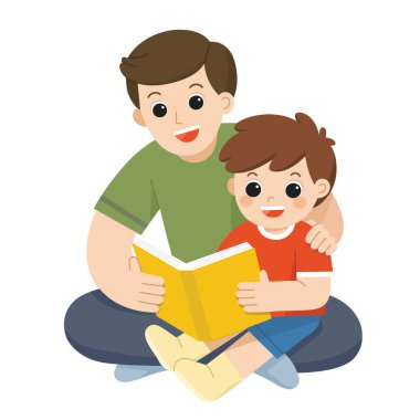 Mutlu baba ve oğul birlikte kitap okuyor. Baba oğul yerde oturmuş kitap okuyorlar..