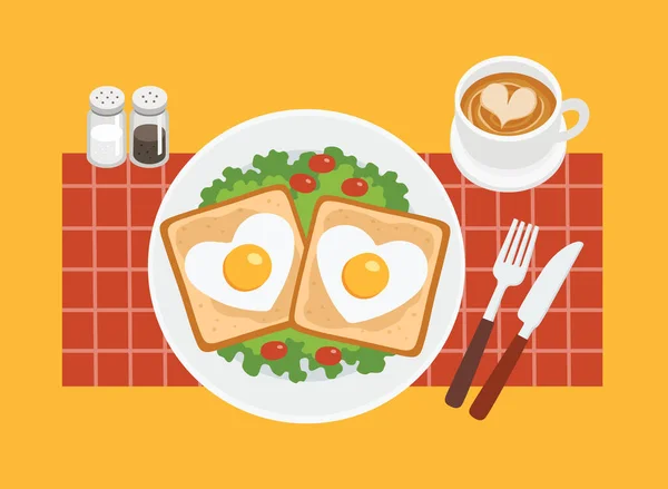 Jajecznica Kształcie Serca Talerzu Pomidorami Zielenią Kawą Jem Śniadanie Rano — Wektor stockowy