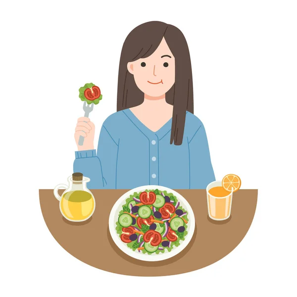 Young Women Eating Salads Diet Food Life Healthy Foods Benefits — Stock Vector