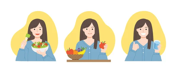Νεαρές Γυναίκες Τρώνε Σαλάτες Τρώνε Φρέσκα Φρούτα Και Πόσιμο Νερό — Διανυσματικό Αρχείο