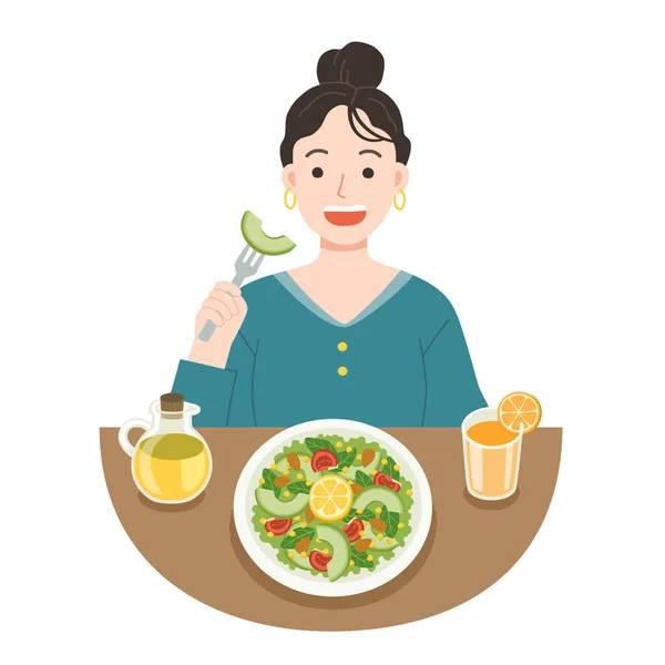 年轻女人吃沙拉 终身饮食食品 有益健康的食物 健康和纯素食概念 — 图库矢量图片