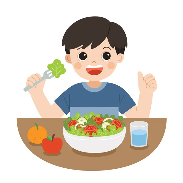 一个小男孩很高兴吃沙拉 他喜欢蔬菜 有益健康的食物 健康和纯素食概念 — 图库矢量图片