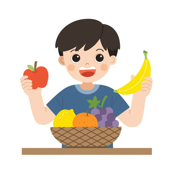 Niñito Feliz Comer Frutas Encantan Las Frutas Alimentos Saludables Con — Archivo Imágenes Vectoriales