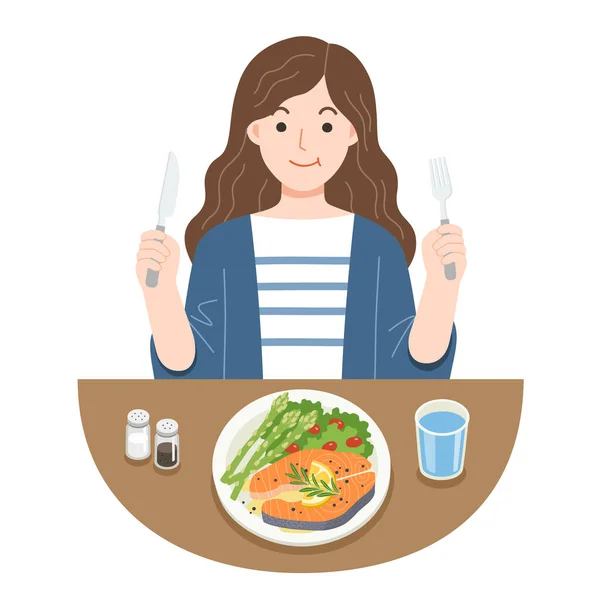 年轻女人吃鲑鱼牛排 好东西换生活 有益健康的食物 健康和纯素食概念 图库矢量图片
