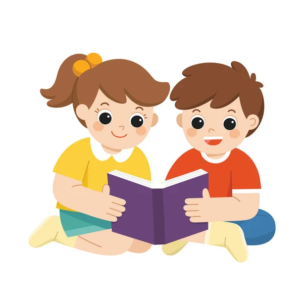 Happy Kids Read Book Study Together Kids Reading Book Sitting — Stock Vector