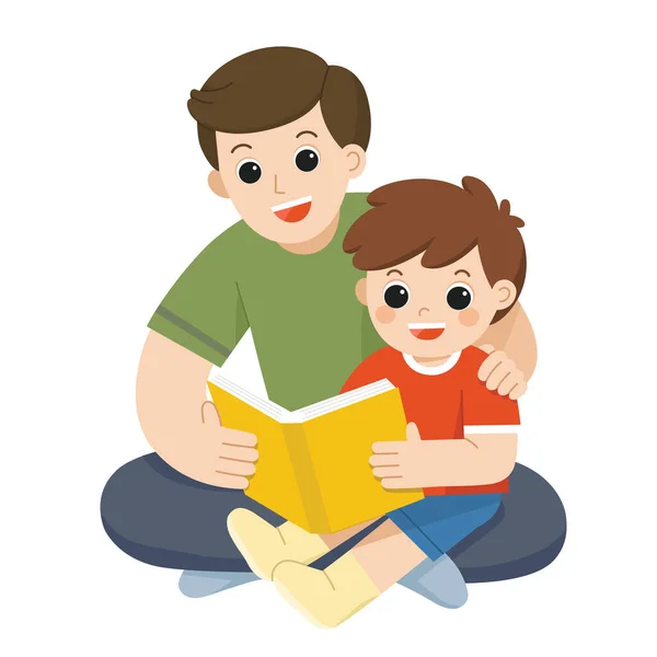 快乐的爸爸和儿子一起看书 爸爸和儿子坐在地板上看书 矢量图形