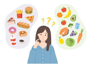 Sağlıklı ve sağlıksız yiyecekler arasında seçim yapan genç kadınlar. Fast food ve dengeli menü karşılaştırması. Sağlıklı ve sağlıksız gıda kavramı.