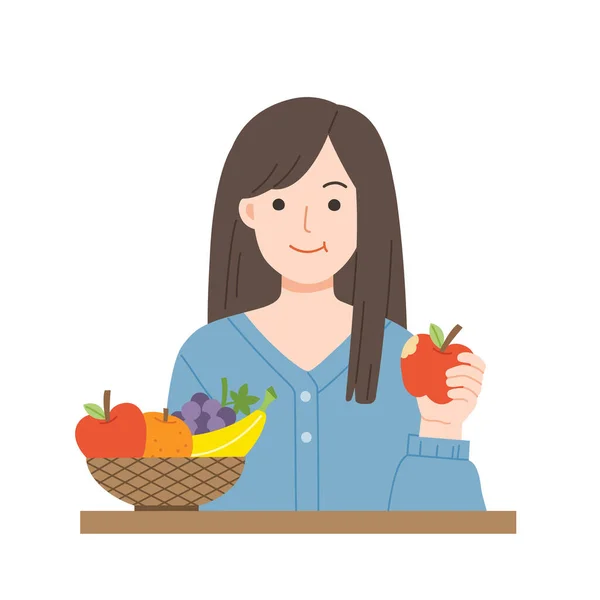 年轻女人吃新鲜水果 有益健康的食物 健康和纯素食概念 — 图库矢量图片