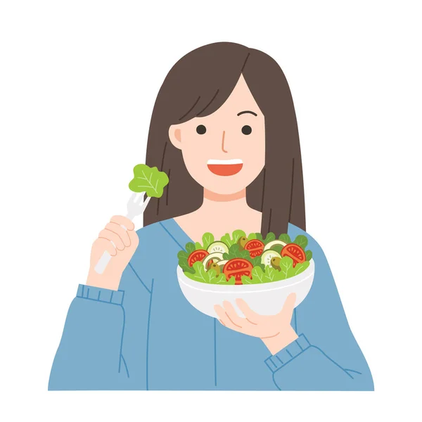 Mujeres Jóvenes Comiendo Ensaladas Alimento Dietético Para Vida Alimentos Saludables — Archivo Imágenes Vectoriales