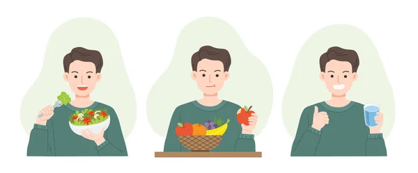 Jovem Comendo Saladas Comendo Frutas Frescas Bebendo Água Vidro Alimentos —  Vetores de Stock