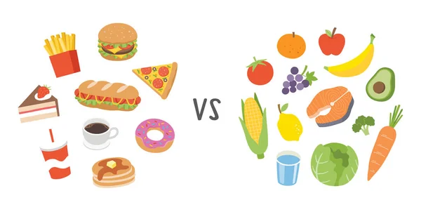 Aliments Sains Malsains Concept Choix Entre Fast Food Comparaison Équilibrée — Image vectorielle