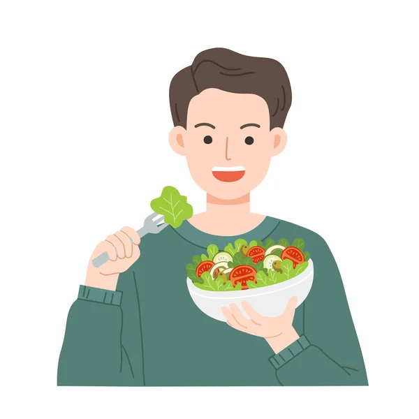 Joven Comiendo Ensaladas Alimento Dietético Para Vida Alimentos Saludables Con Ilustraciones de stock libres de derechos