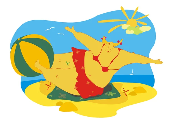 Девушка с мячом лежит на желтом морском песке — стоковый вектор