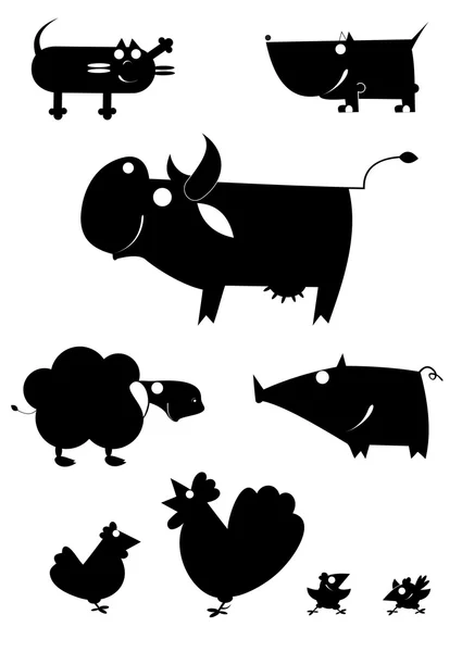 Arte granja animales siluetas — Vector de stock