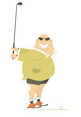 Golf sahasında gülümseyen şişman golfçü. Çizgi filmlerde gülümseyen kel kafalı, güneş gözlüklü adam elinde golf sopasıyla iyi bir tekme atmaya çalışıyor.