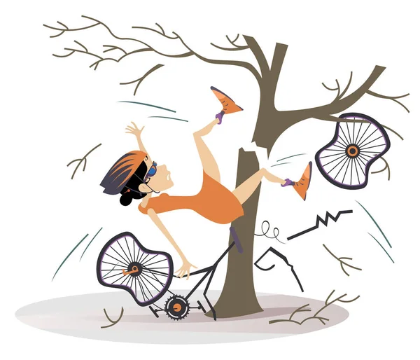 Mulher Ciclista Bateu Uma Árvore Ilustração Isolada Jovem Mulher Bateu — Vetor de Stock