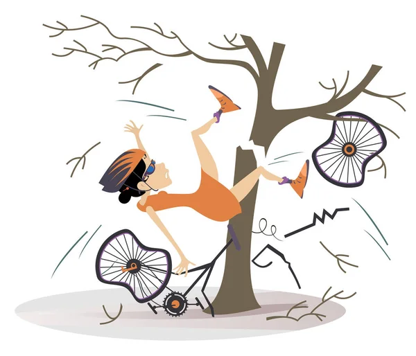 Cyclist woman smashed into a tree isolated illustration.Young woman smashed into a tree and falls down from the broken bicycle isolated on white illustration — Stock Illustration Cyclist Woman Smashed Tree Isolated Illustration Young Woman Smashed Tree Stock Illustration