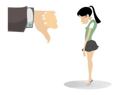 Businesswoman and a hand with thumb down.Sad businesswoman with head down and hand with thumb down. Dislikes and negative feedback concept  clipart