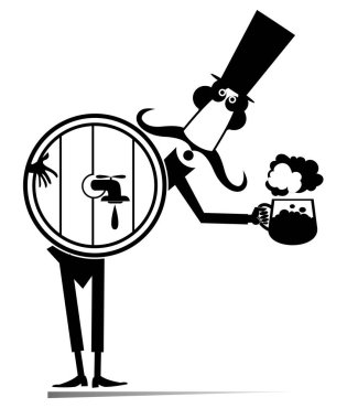 Çizgi filmci, bira bardağı ve büyük bir kutu bira illüstrasyonu. Silindir şapkalı komik bıyıklı adam birayı bardağa dolduruyor. Siyah bardakta beyaz.