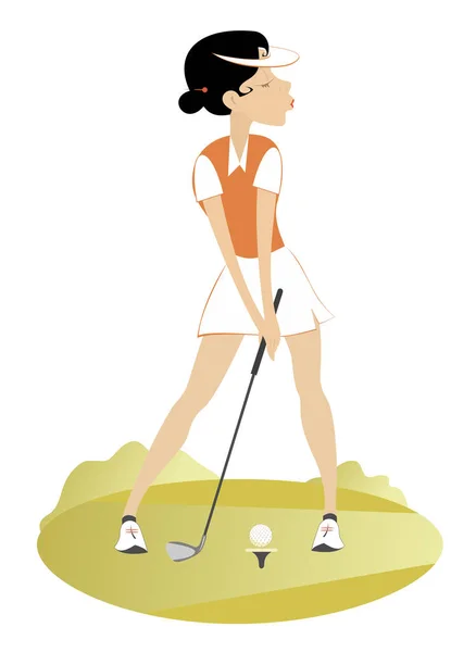 ゴルフ場のイラスト上の若いゴルファーの女性 ゴルフクラブとかなりゴルファーの女性は白に隔離された良いキックをしようとします — ストックベクタ