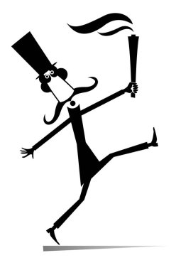 Silindir şapkalı çizgi filmci elinde meşale çizimi tutuyor. Beyaz arka planda meşale siyahı olan silindir şapkalı komik uzun bıyıklı adam.