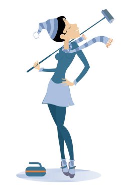 Gülümseyen genç kadın, izole edilmiş kıvrımlı çizimler oynuyor. Saç fırçası ve beyaz bir taş taşıyan genç bir kadın. 