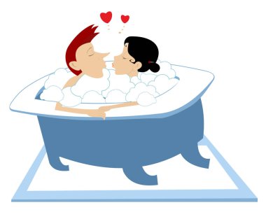 Aşk çifti banyo illüstrasyonunda buluşuyor. Kalp sembolleri. Genç adam ve kadın banyoda oturuyor ve birbirlerini öpüyorlar.