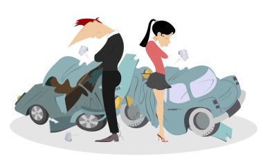 Trafik kazası, erkek, kadın ve kırık araba illüstrasyonu. Kadın ve erkek moralleri bozuk arabaların yanında sırt sırta dururlar.