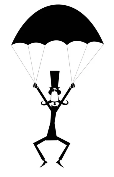 Uomo Paracadutista Cartone Animato Nell Illustrazione Cappello Cilindro Uomo Baffi — Vettoriale Stock