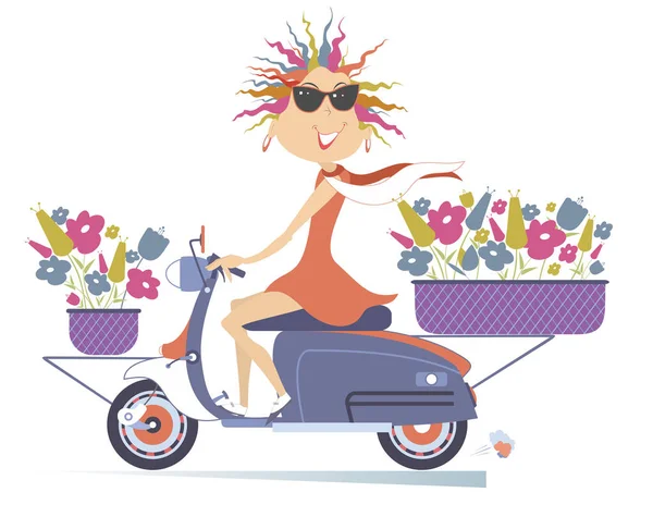 Pretty Young Woman Motorbike Bouquets Flowers Illustration Smiling Young Woman — Stock Vector