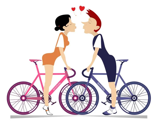 Bisikletli Genç Bir Adam Bir Kadın Aşık Olur Aşk Çifti — Stok Vektör