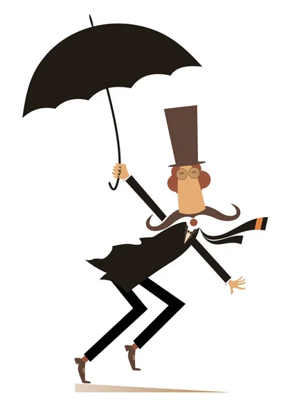 Ветреный Дождливый День Человек Зонтичной Иллюстрацией Забавный Усатый Мужчина Наверху — стоковый вектор