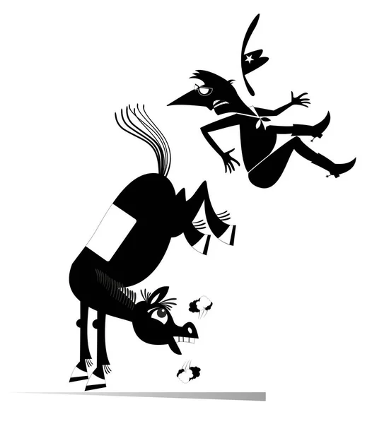 漫画のライダーは馬のイラストから落ちる 面白い馬キックA落下男またはカウボーイ黒上の白 — ストックベクタ