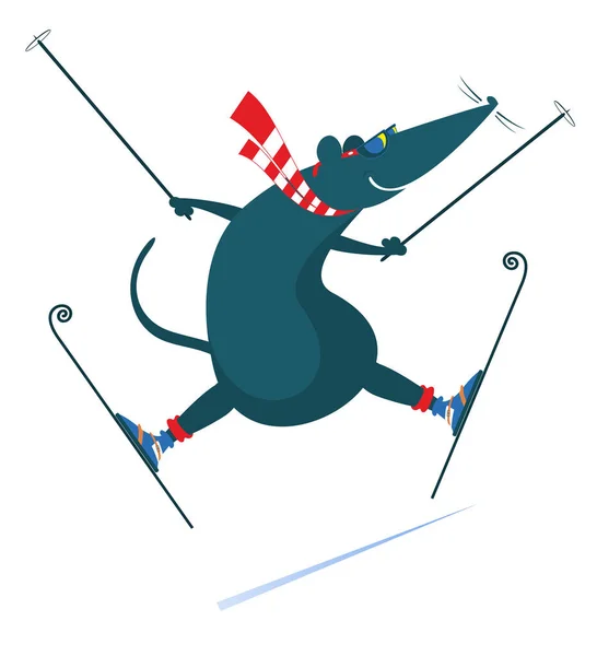 漫画のラットやマウスは スキーヤーのイラスト 面白いラットやマウススキーヤーは白に隔離された — ストックベクタ