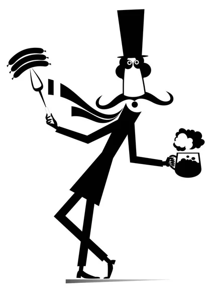 漫画家 ソーセージ 大きなビールマグカップのイラスト 上の帽子の面白い長い口ひげ男は白い上にソーセージとビールマグカップ黒とフォークを保持しています — ストックベクタ