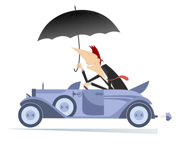 Smiling Man Umbrella Drives Car Illustration Cartoon Cheerfulness Man Umbrella — Stock Vector