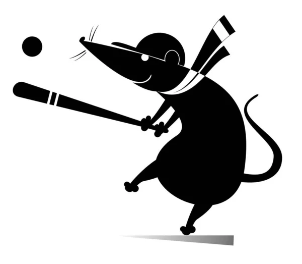 野球の打者のラットやマウスのピッチのイラストを打つ 白の上に速いピッチ黒でスイング漫画の野球の打者のラットやマウス — ストックベクタ
