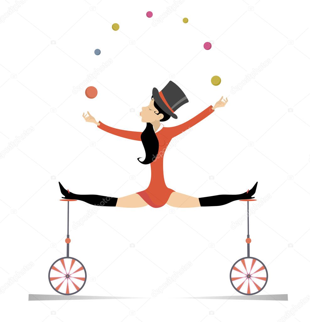 Equilibrist woman on the unicycle juggles balls illustrationSexy young woman in the top hat balances on two unicycles and juggles the balls isolated on white