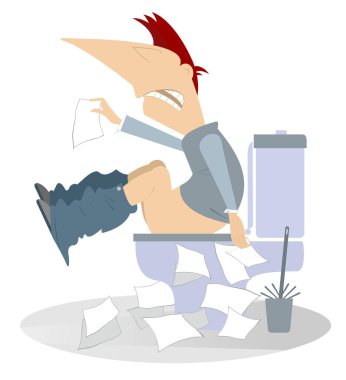 İshal olmuş bir adam tuvalette oturuyor. İshal olmuş bir adam tuvalette oturuyor ve beyaz arka planda izole edilmiş bir sürü doku kullanıyor.