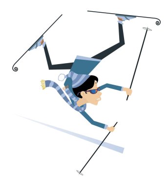 Düşen kayakçı kadın çizimi. Güneş gözlüklü kayakçı kadın beyaz tenli.